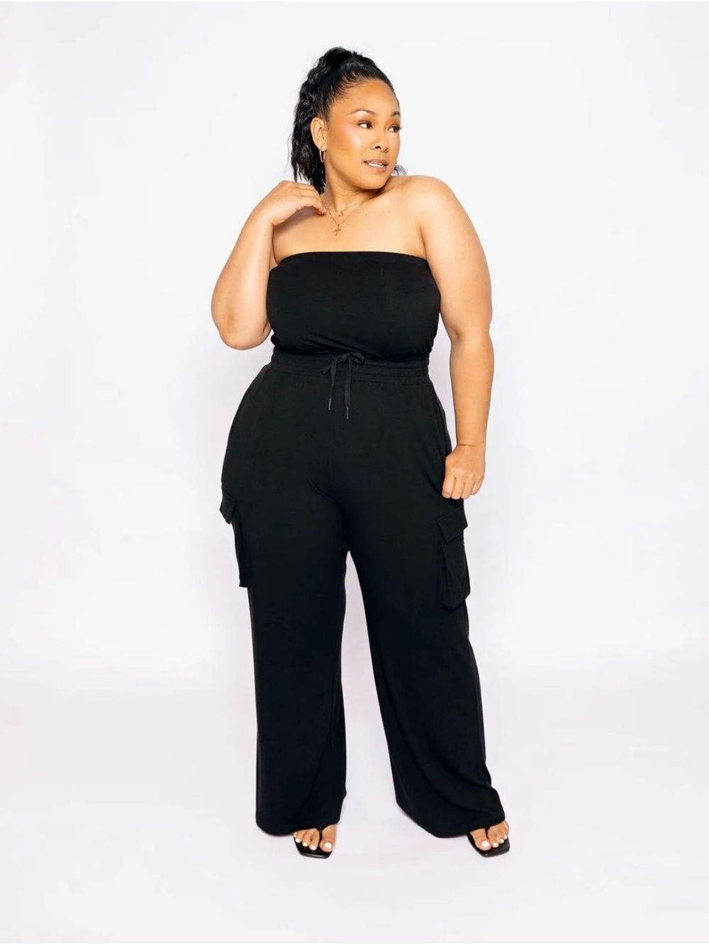Black Strapless Cargo Romper Jumpsuit